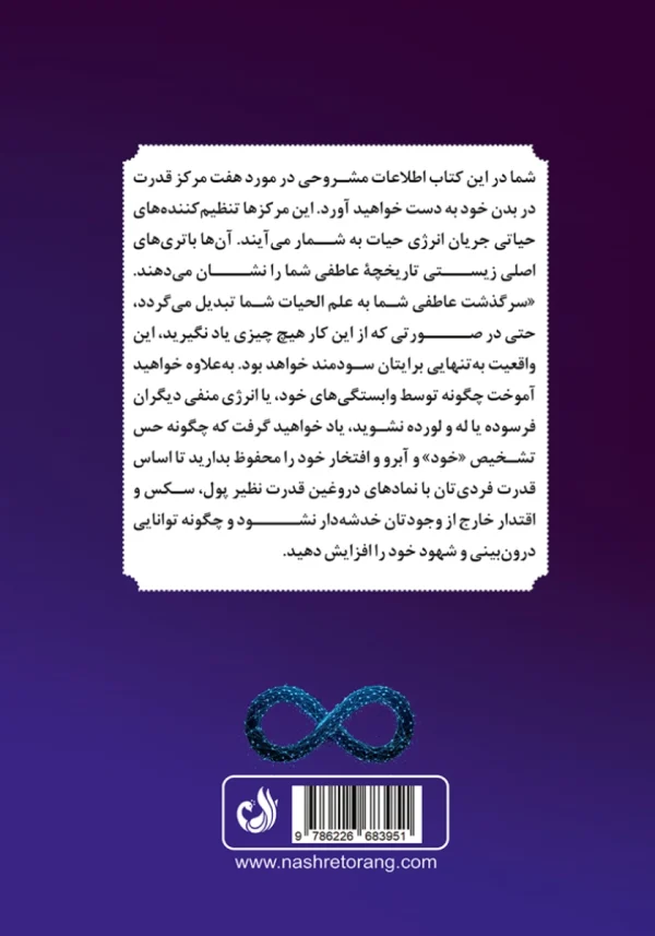 جلد پشت کتاب با توضیحی درباره هفت مرکز قدرت در بدن (چاکرا)