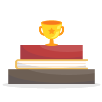 وکتور یک کاپ طلایی که نشانه بهترین های تنگ است روی چند کتاب با جلد های زرد، قرمز وقهوه ای که مرتب روی هم چیده شده