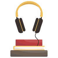 وکتور چند کتاب به رنگ‌های زرد ،قرمز و قهوهای که منظم روی هم چیده شده اند در حالیکه به سیم یک هدفون وصلند گویی کتاب ها صوتی اند